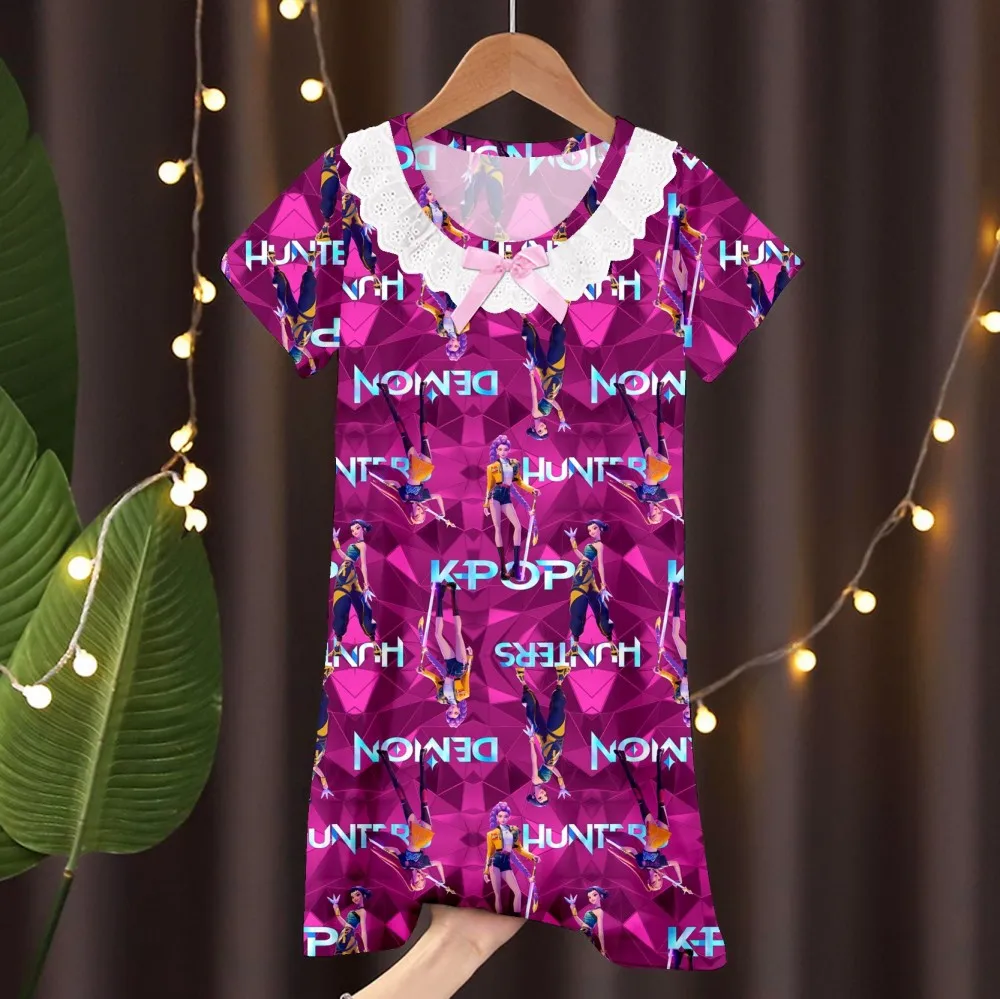 Girls Short Sleeve Nightgown Kids Summer Night Dress Toddler Girl Lace Neck with Bow Pajamas Sleepwear Casual Homewear Dress