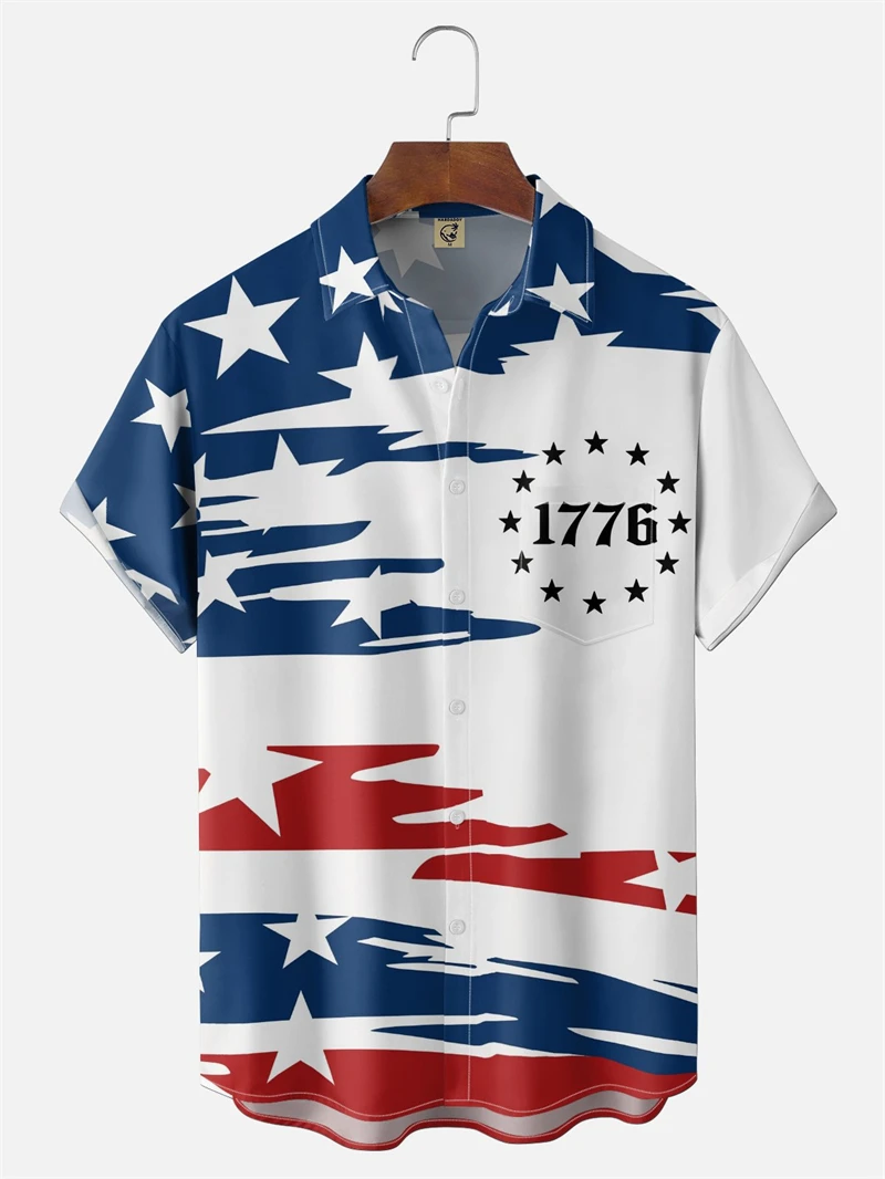 

3D Printed America Flag Graphic Shirts For Men Clothing Hawaiian Beach Shirts Short Sleeve Y2k Tops Vintage Clothes Lapel Blouse