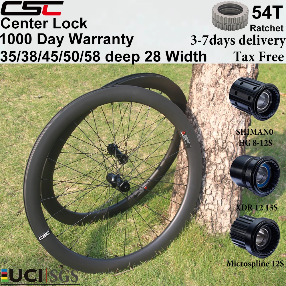 Roues de vélo de gravier en carbone CSC UCI 700C, moyeu à cliquet 54T, hauteur 35-58 mm, largeur 28 mm, 1290 g, frein à disque, jeu de roues en carbone