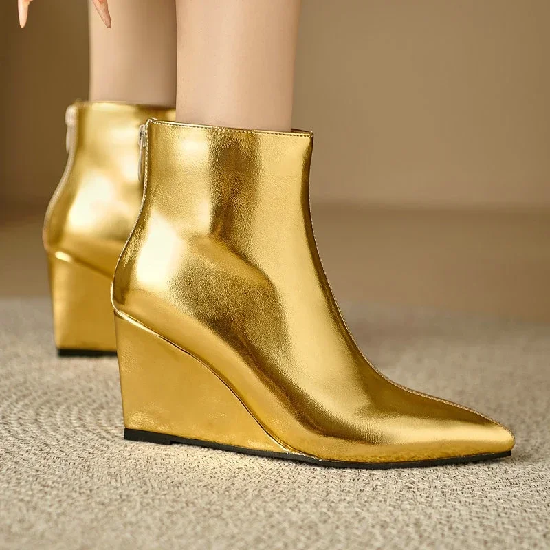 

Patent Leather Shiny Gold Silver Wedges High Heels Woman Shoes Zip Back Pointed Toe Ankle Botas Big Size 45 46 Chelsea Boots