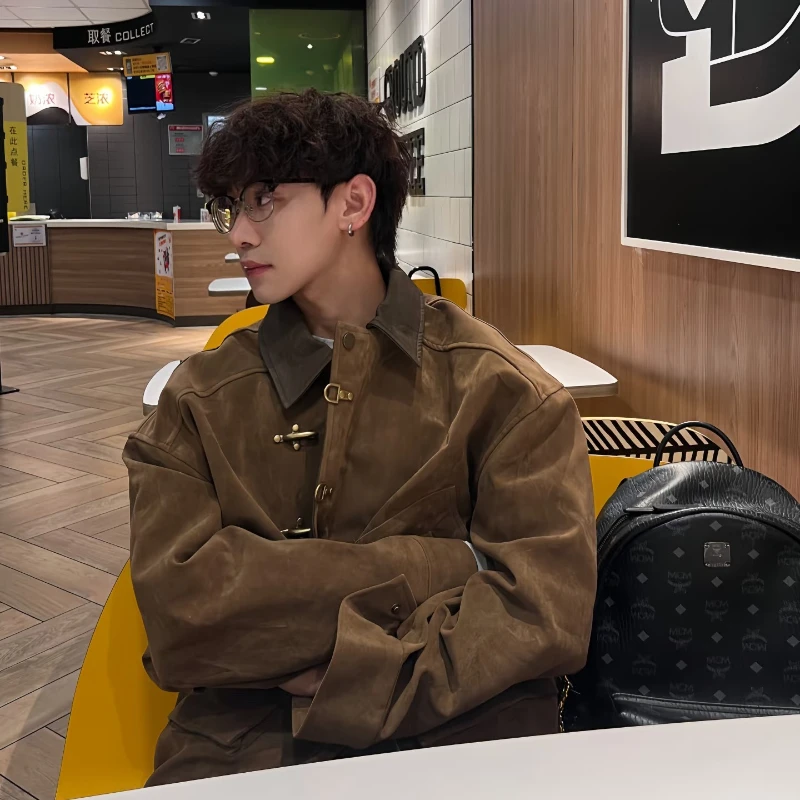 Brown American retro design work jacket men's autumn and winter airplane button short coat Barn style jacket trendy