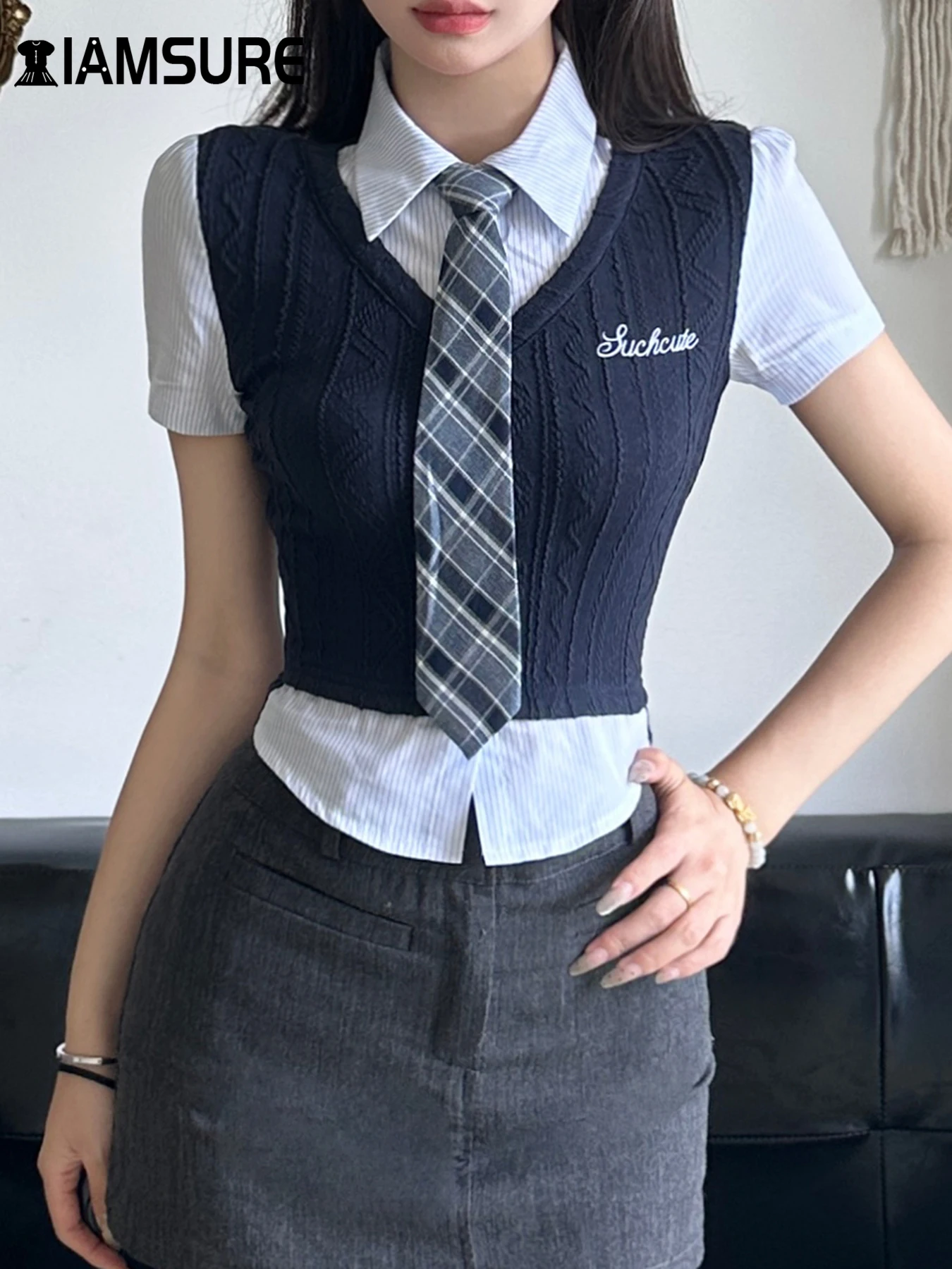 

IAMSURE Preppy Style Slim Patchwork Striped Blouse Casual Turn-Down Collar Short Sleeve Shirts Women 2024 Summer Elegant Fashion