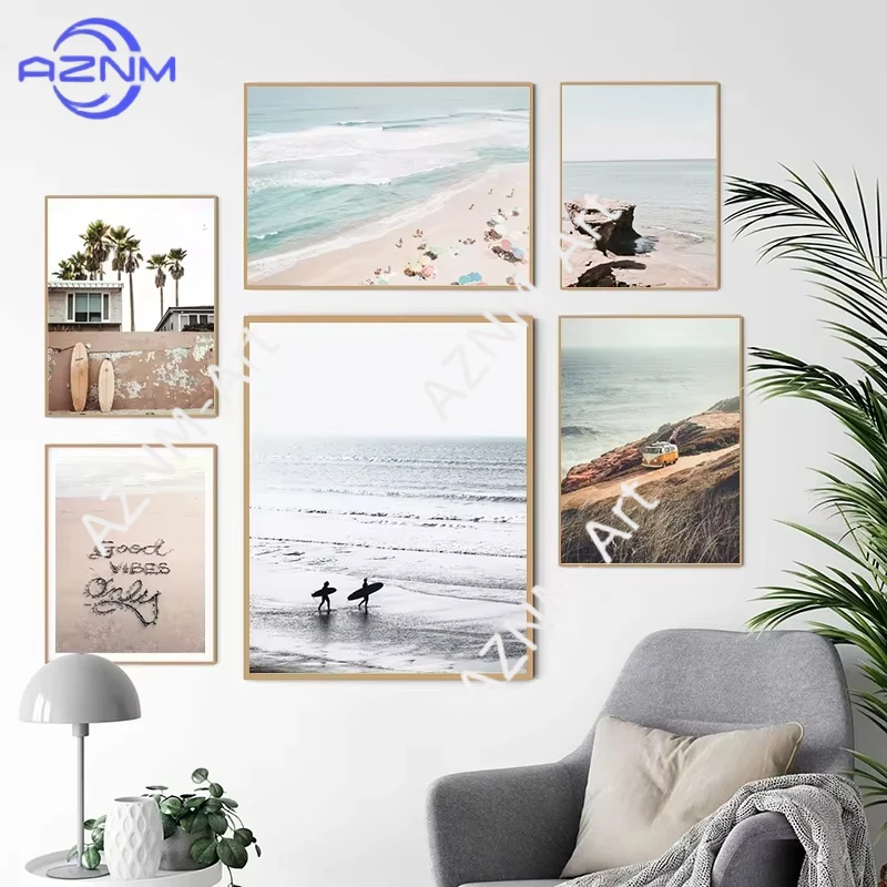 1-teiliges Küsten- und Strand-Leinwandbild-Set - 'Good Vibes Only' Zitat & Surfer-Drucke für Boho-Wohnzimmer, Strandhaus-Dekoration