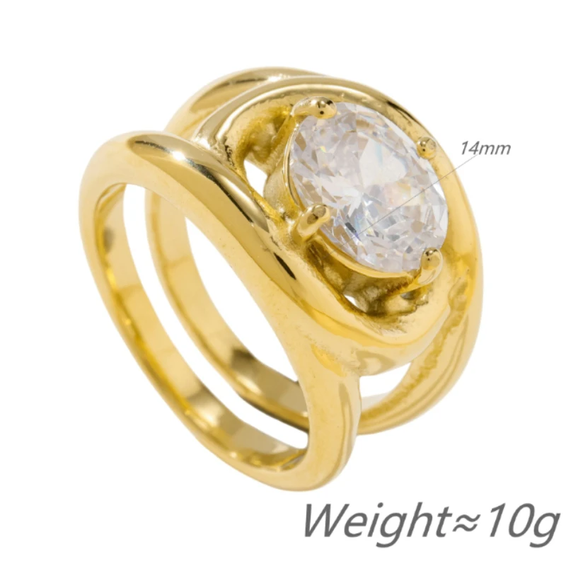 Stainless Steel Shinny Oval Zircon Ring for Women Girl Retro Gold Color Ring  New Design Jewelry