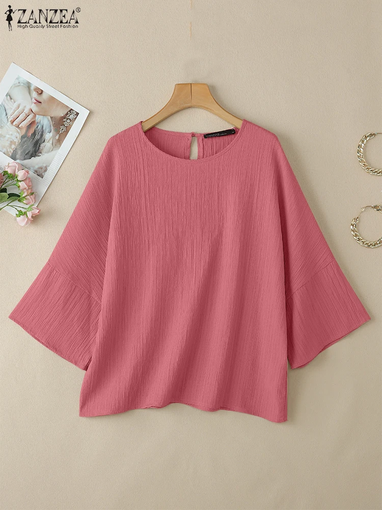 

ZANZEA Women Casual O Neck 3/4 Sleeve Blouse Summer Elegant Shirt Solid Pleated Tops Fashion OL Work Blusas Tunic Mujer Oversize