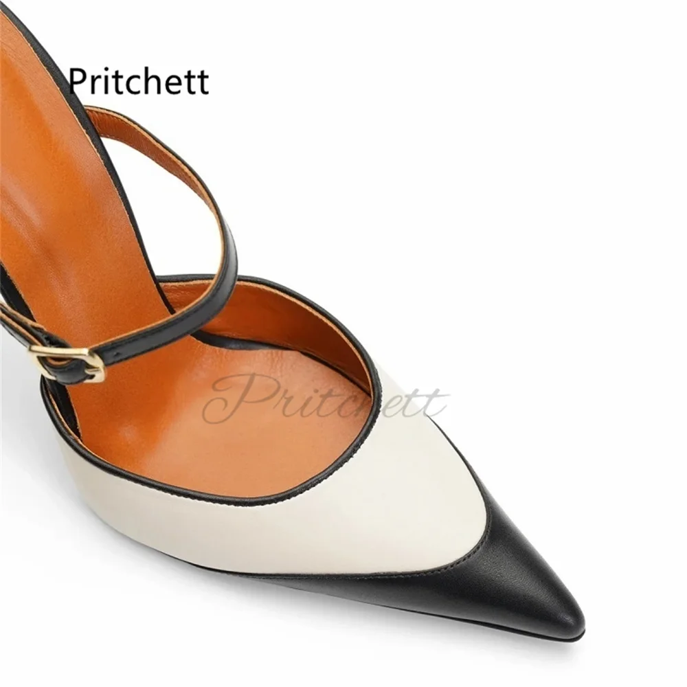 Two Tone Splicing Slippers for Women Pointed Toe Backless Ankle Buckle Strap High Heels Office Party Shoes Summer Sandals