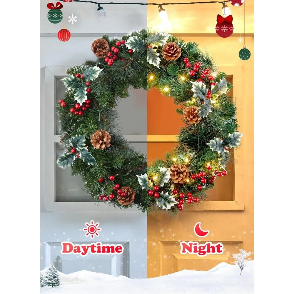 إكليل عيد الميلاد المضاء مسبقًا مقاس 24 بوصة - إكليل صنوبر LED يعمل بالبطارية مع التوت ومخاريط الصنوبر لديكور الباب والجدران #4