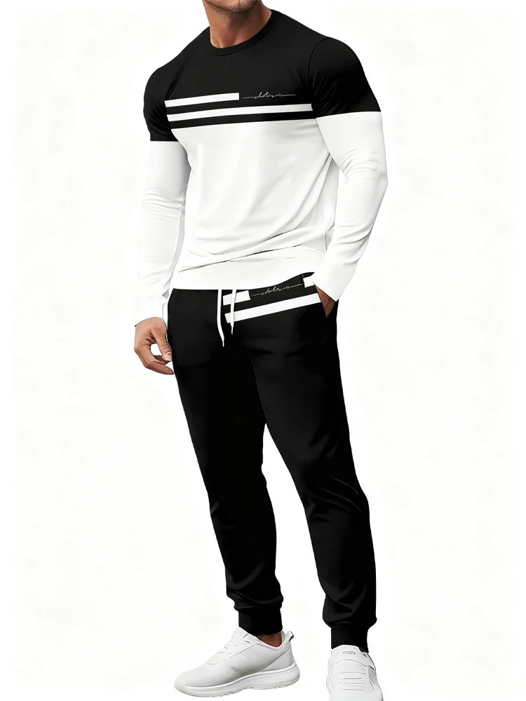 

New Men's Spring And Autumn 2-piece 3D Stripes Print Sets Men's Everyday Casual Long Sleeve T-shirt And Street Fashion Long Pant