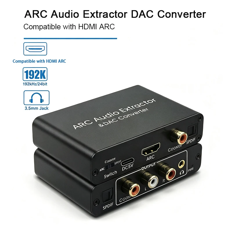 ARC Audio Extractor DAC Converter, HDMI-Compatible ARC, SPDIF/Optical/Coaxial to 3.5mm Stereo Left/Right Jacks, Designed for TVs