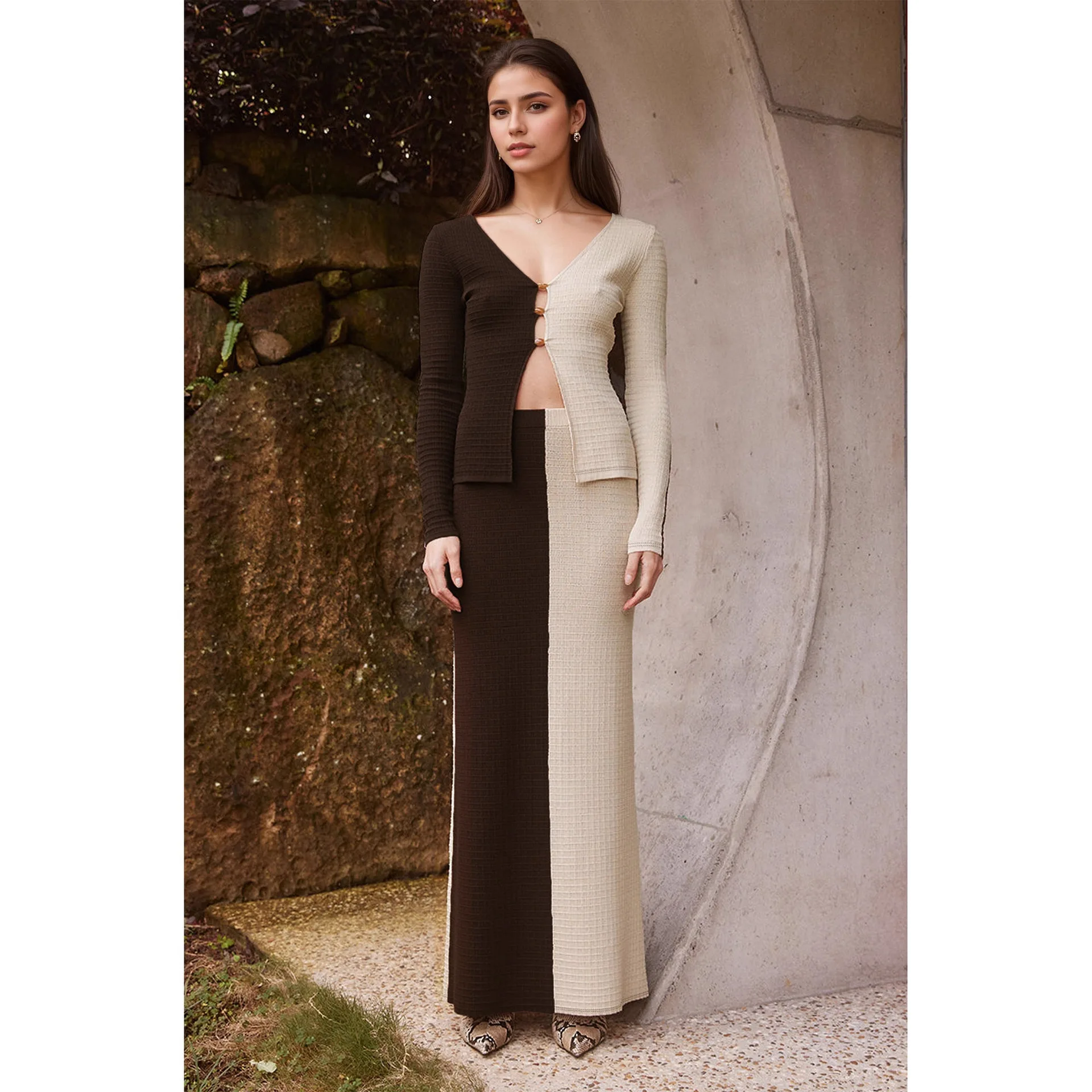 ชุดกระโปรงสูทผู้หญิงสไตล์ใหม่ ดีไซน์เรียบหรู แฟชั่นสีตัดกัน คอวี กระดุมผ่าหน้า ทรงเข้ารูป กระโปรงสีเดียวกัน