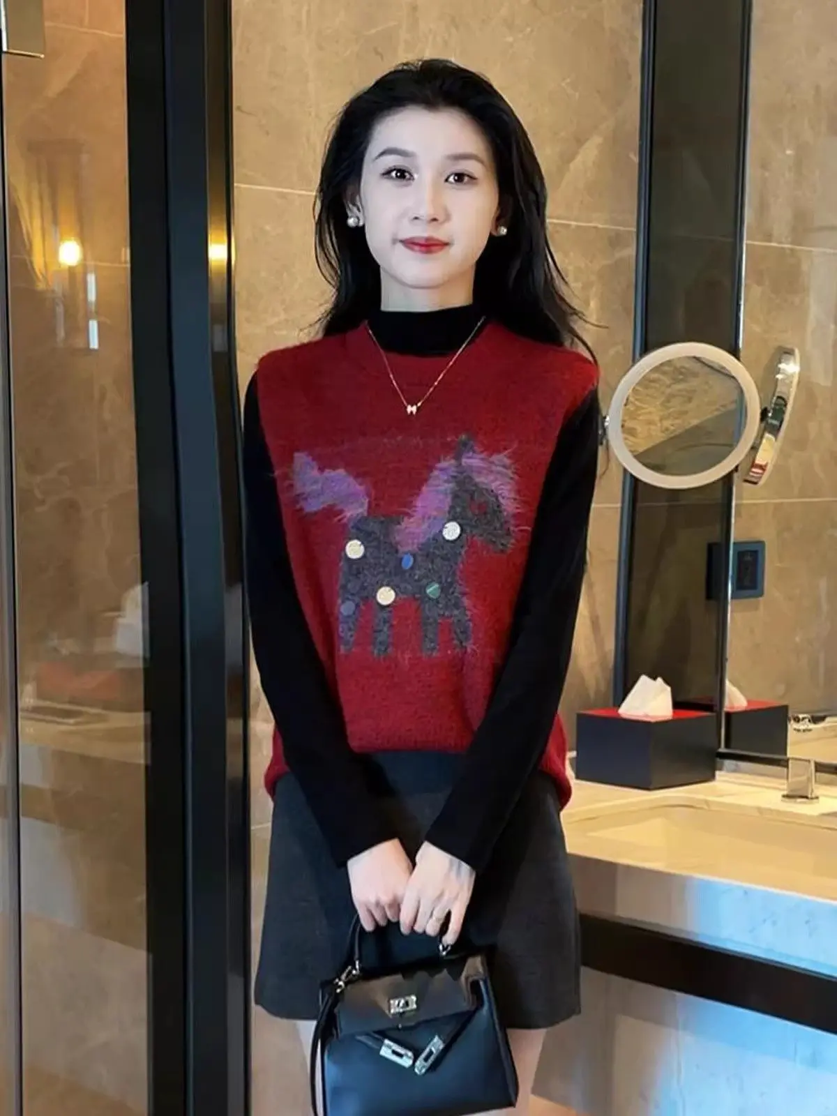 

Korean Sle Embroidered Sequin ba Knitted Red Vest Women's Faion Spring New High End Sweater Casual Loose Fit