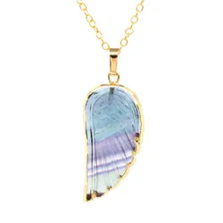Rose Crystal Angel Wing Pendants Natural Fluorite Labradorite Moon Stone Hand Carving Energy Pendant Necklace Women Men Jewelry
