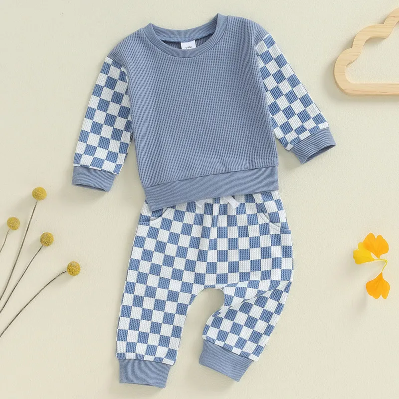 

RUEWEY Newborn Baby Boy Waffle Pant Sets Spring Autumn Clothes Checkerboard Long Sleeve Sweatshirt Elastic Waist Pants