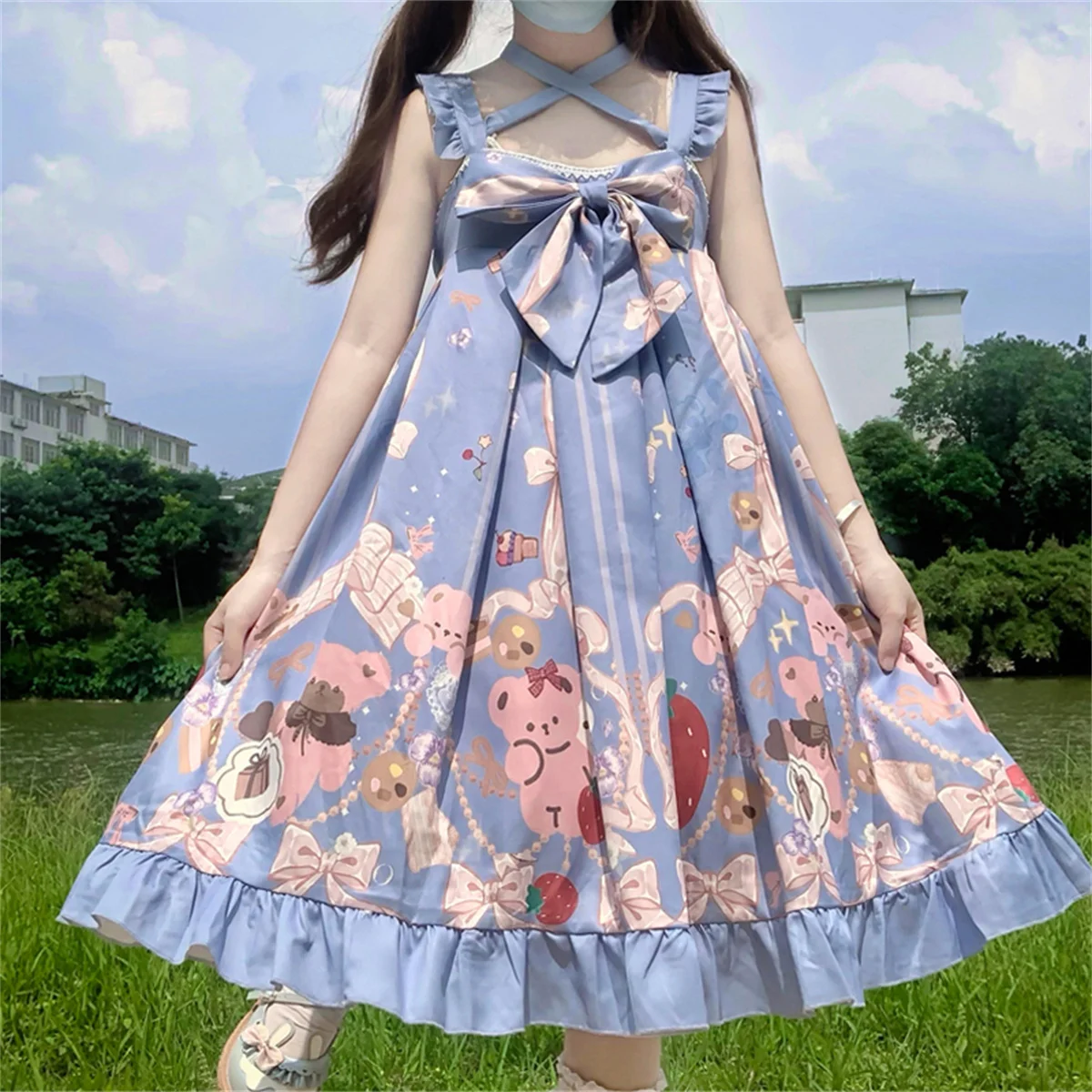 JSK – robe à volants pour filles, Style japonais, douce, Cosplay, Lolita Kawaii, Loli, imprimé fraise, ours, gâteau, cadeau, nœud de perle