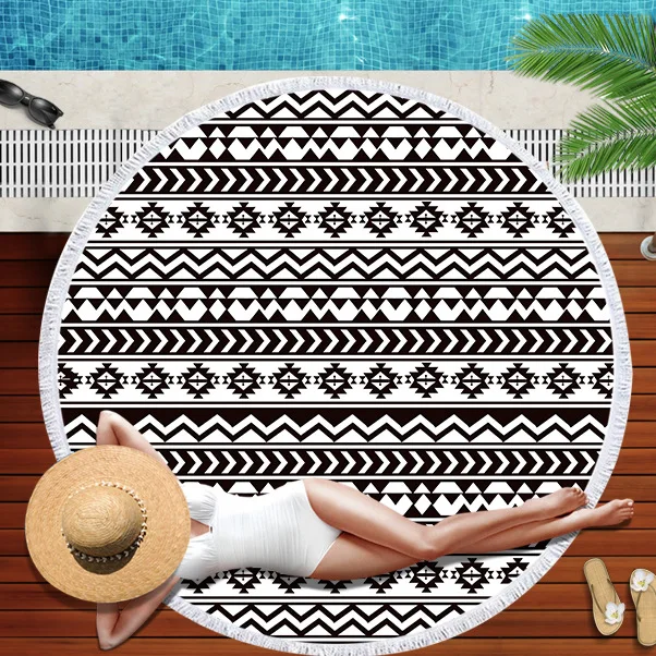 Summer Round Beach Towel Black And White Abstract Line Square Bath Shower Towels Bikini Cover Up Beach Towel