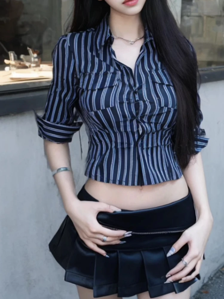 

Waist Temperament Top Striped Shirts 2024 Slim Female ChemiseVintage Blouse Summer Crop