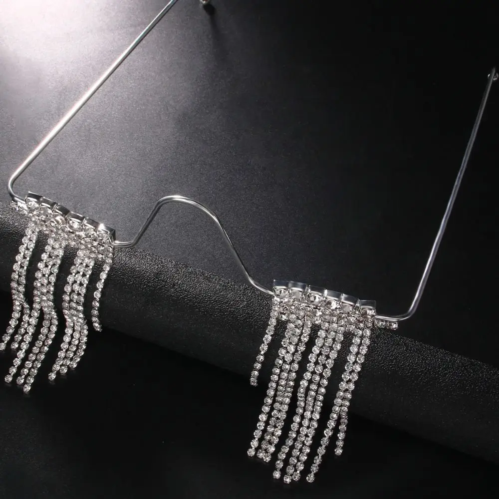 Foldable Tassel Rhinestone Eyeglass Frame Crystal No Lens Metal Glasses Frames Geometric Luxury Glitter Mask Decoration