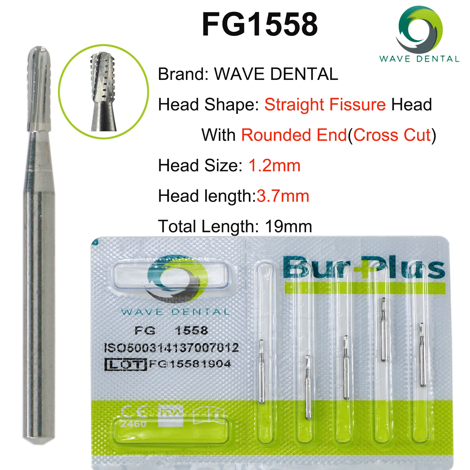 PRIMA WAVE Dental Tungsten Carbide Burs FG1558 Straight Fissure Head With Rounded End Cross Cut for High Speed Handpiece Dia.1.2