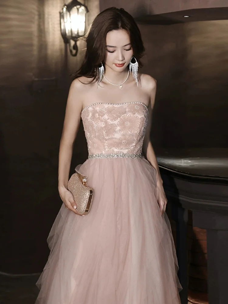 Luxury Strapless Floral Evening Dress Women Pearl Beading Pink Tulle Layered Princess Dresses Lady Stage Formal Party Ball Gown