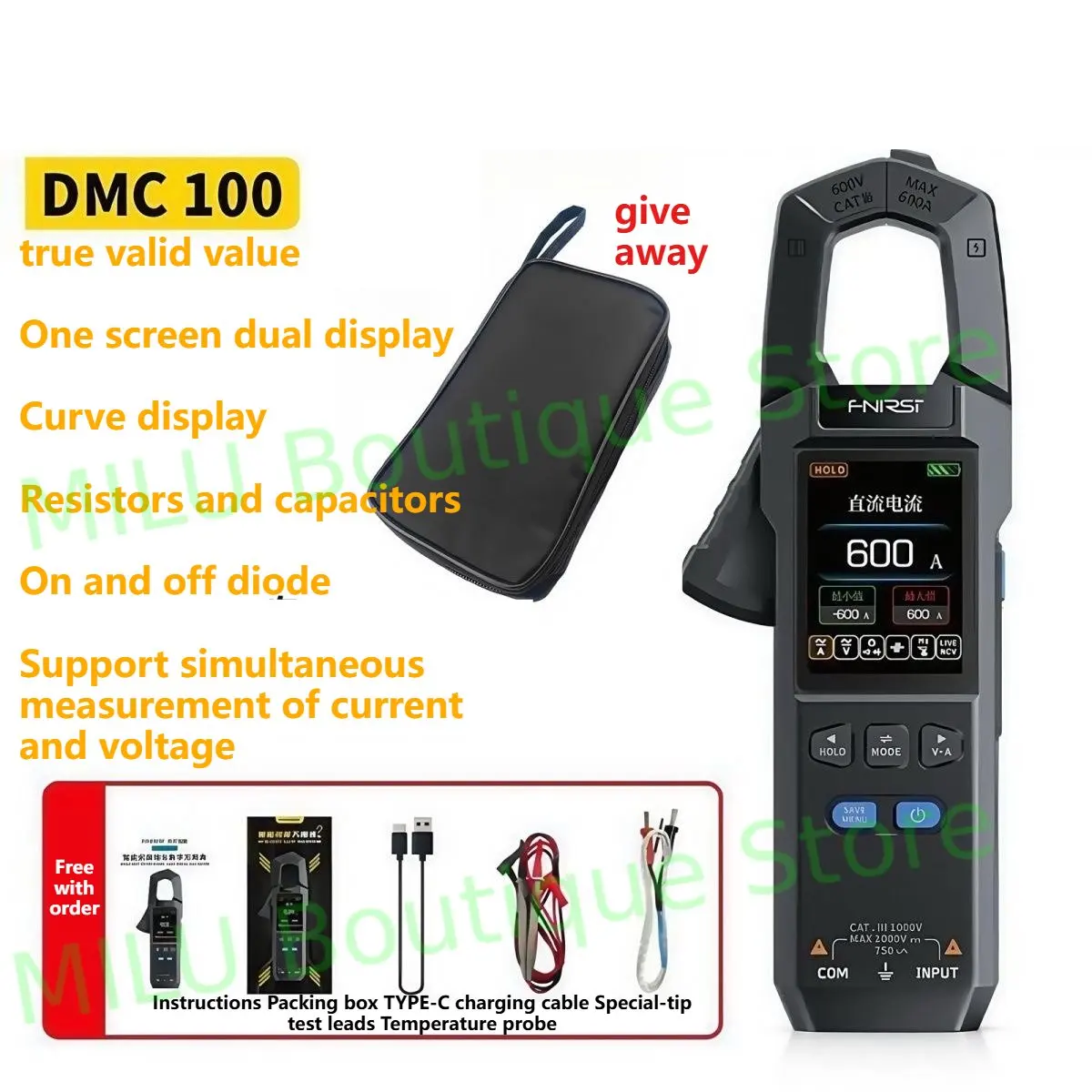 FNIRSI DMC-100 DC AC Current Clamp Meter 10000 Counts Digital Multimeter 600A Amperimetric Clamp USB Tester NCV Electrician Tool