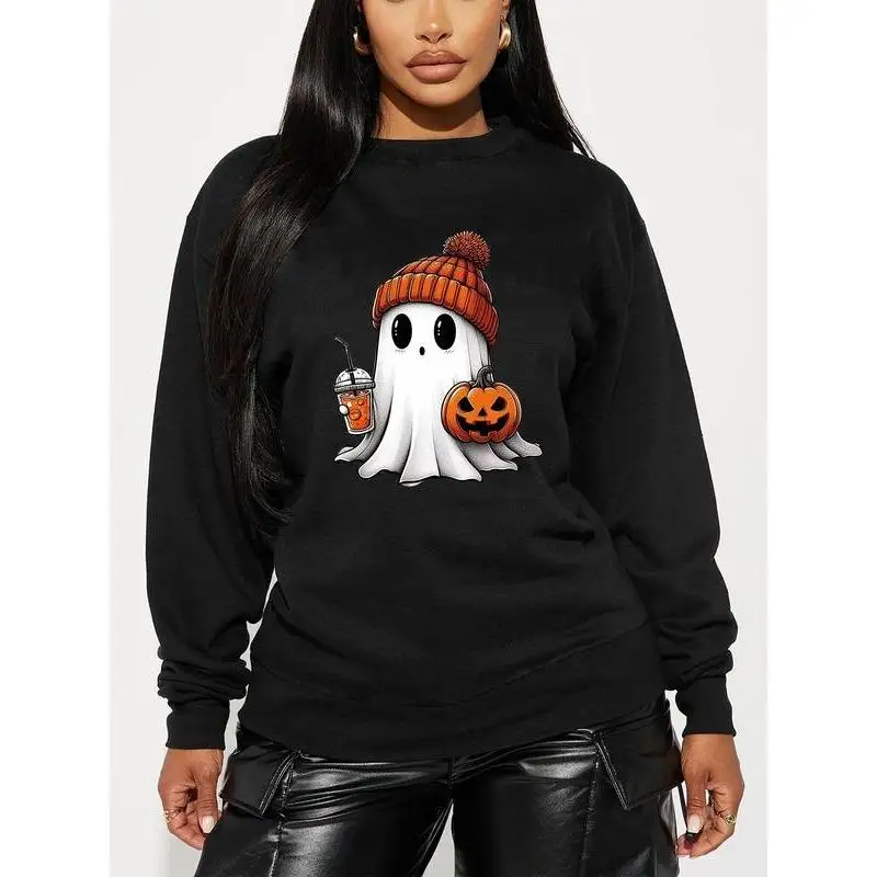 

Kawaii Ghost Hoodie, Cute Halloween Pumpkin Graphic Sweatshirt, Fall Themed Pullover with Beanie & Boba Tea Print