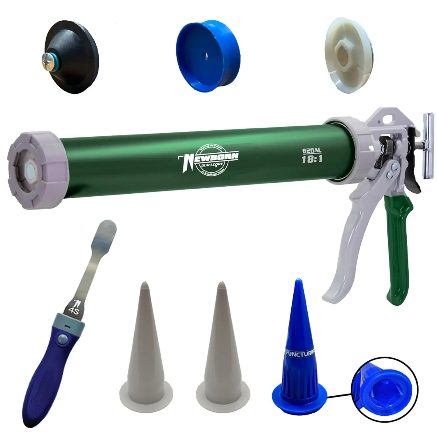 

620AL-Green Round Rod Caulk Gun with Aluminum Barrel - 18:1 Thrust Ratio | 20 oz. Sausage Cartridge Capacity | Includes Ring Cap