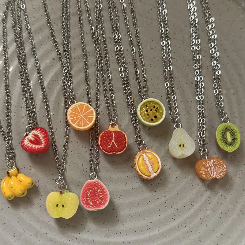 Mini Fruit Pendant Necklace for Women, Banana, Lemon, Apple, Strawberry Colored Accessories