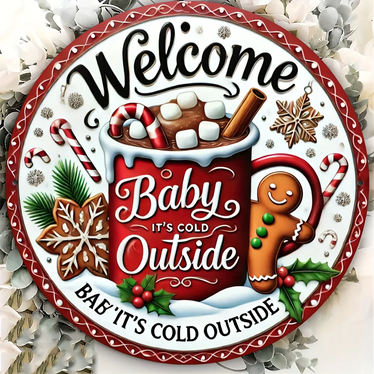 1pc 8X8 Inch (20X20 Cm) Round Metal Sign, Gingerbread Baby It'S Cold Outside, Easy to Install - Window Decorations, Porch Decora