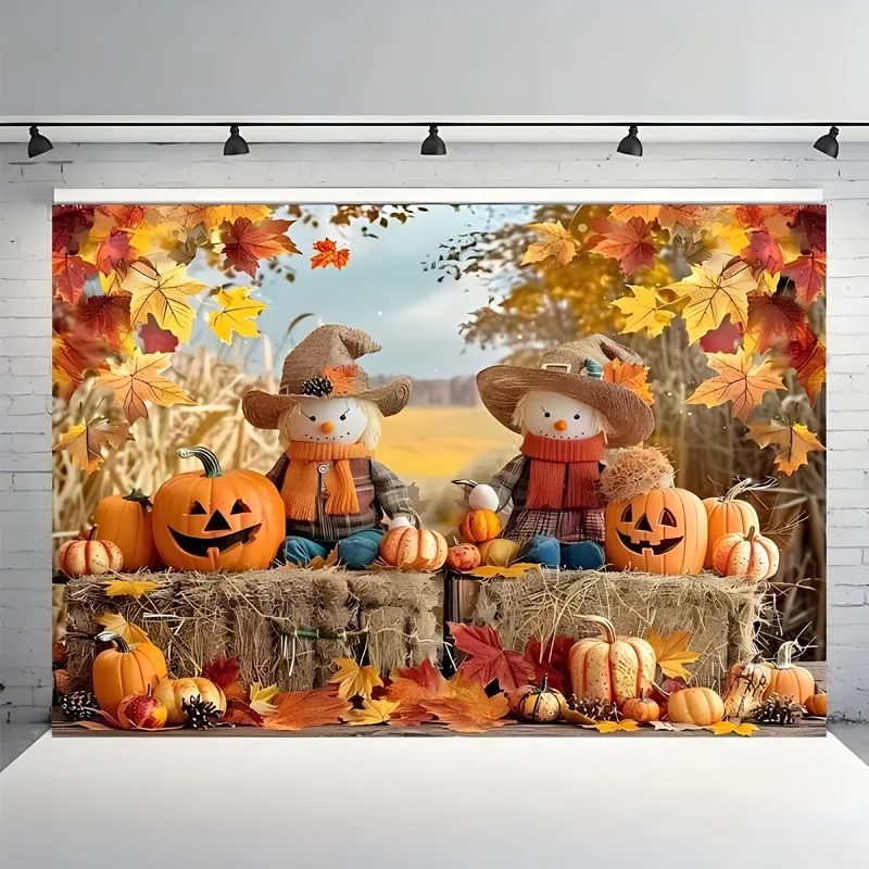 

Halloween Day Autumnal Pumpkins Photography Backdrops Props Maple Leaf Scarecrow Farm Harvest Thanksgiving Background RR-09