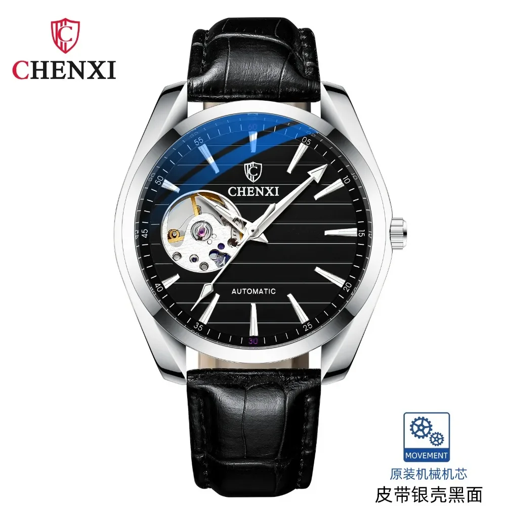 

Luxury Automatic Mechanical Watches for Men Skeleton Watch Waterproof Black Leather Band Luminous Self-Winding Mens Wristwatches