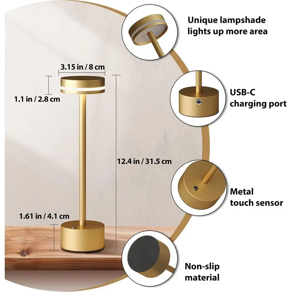 Modern LED Rechargeable Table Lamp With Touch Sensor 3 Levels Brightness USB-C Charging Port Portable Bedside Lamp