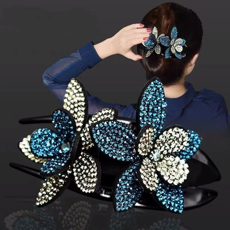 Hot selling new women's summer curly hair clip, Korean version hair accessory, double layered rhinestone flower duckbill clip,