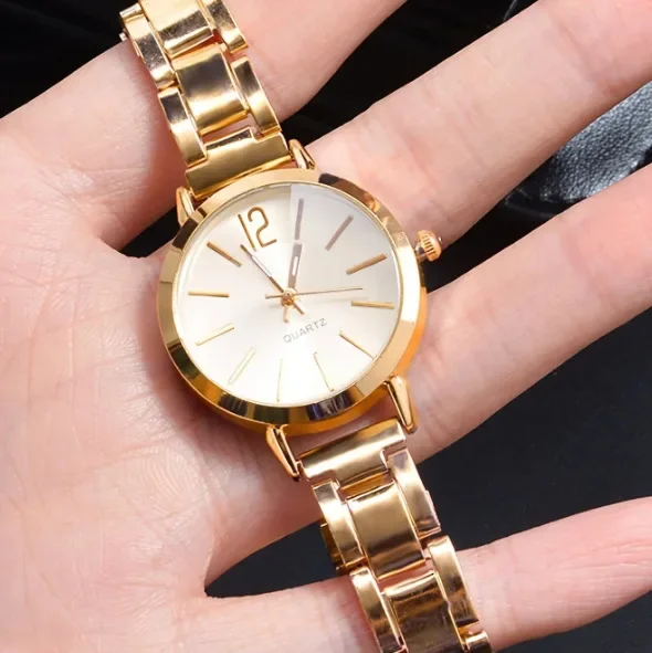 女性用クォーツ腕時計,ラウンドダイヤル,シンプル,透かし彫りストラップ,ゴールドブレスレット,学生,高級,ファッション,1,2個