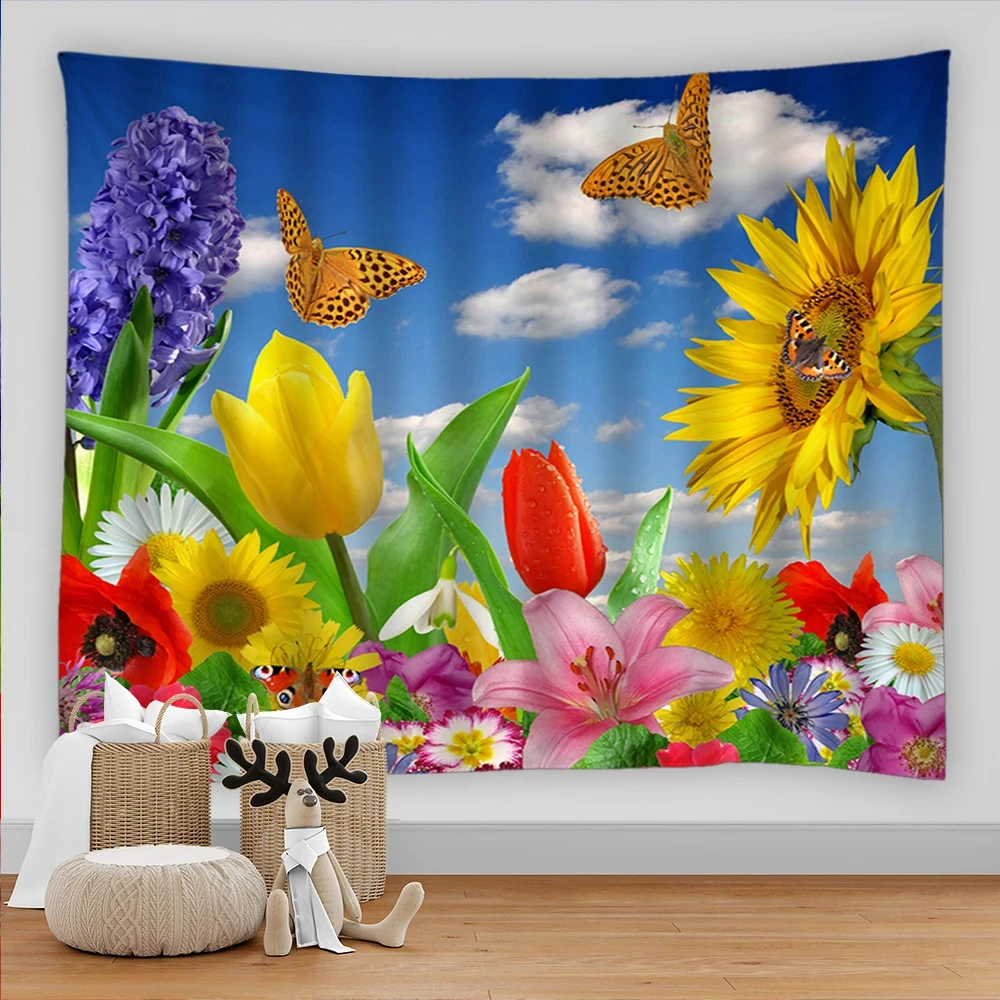 Spring Bright Flower Colorful Butterfly Tapestry Wall Hanging Home Decorations Wall Blanket Decor for Living Room Bedroom Dorm