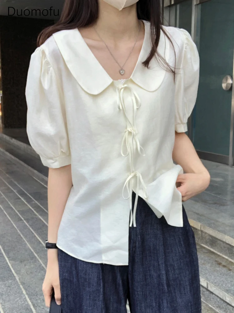 Duomofu Elegant Shirts Blouse Women's Top 2023 Doll Collar Short Sleeve Summer Shirts Korean Fashion Loose Casual Bandage Tops