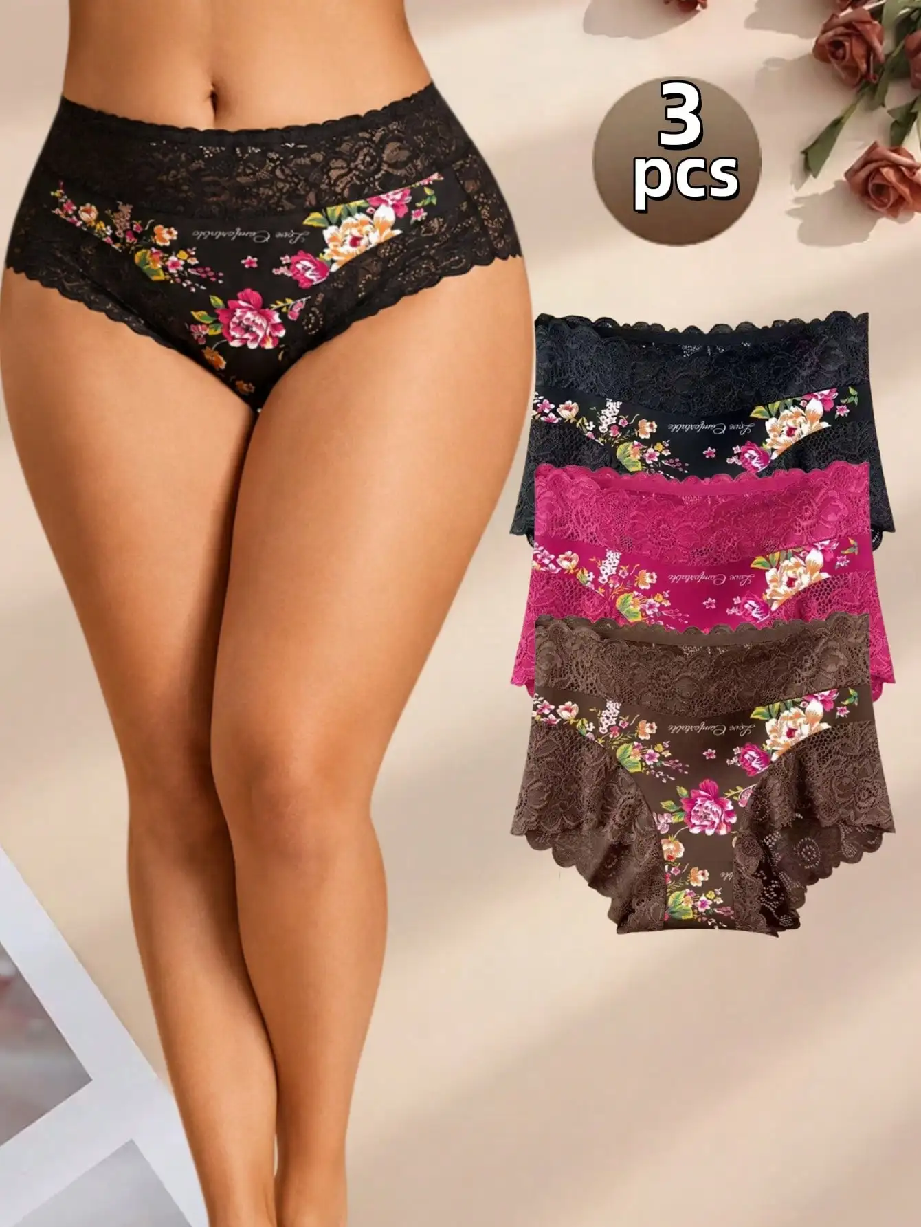 3Pcs Floral Print Lace Mid-rise Panties  Vintage Floral High Elastic Comfort Underwear Women Trendy Popular Briefs，Ideal for Dai
