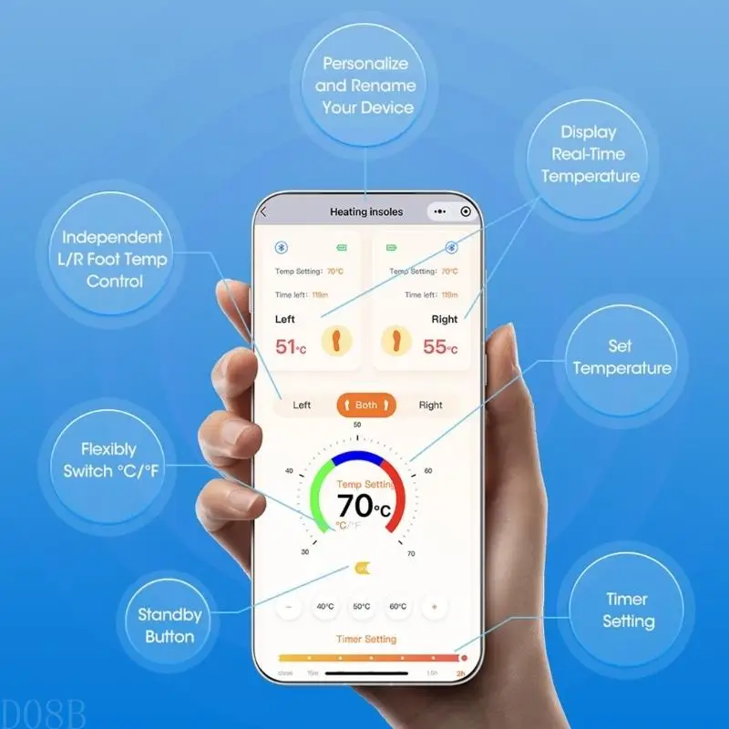 

D08B 2 пары перезаряжаемых стельок с подогревом и дистанционным управлением, 3 режима нагрева для холодной погоды, занятий зимы