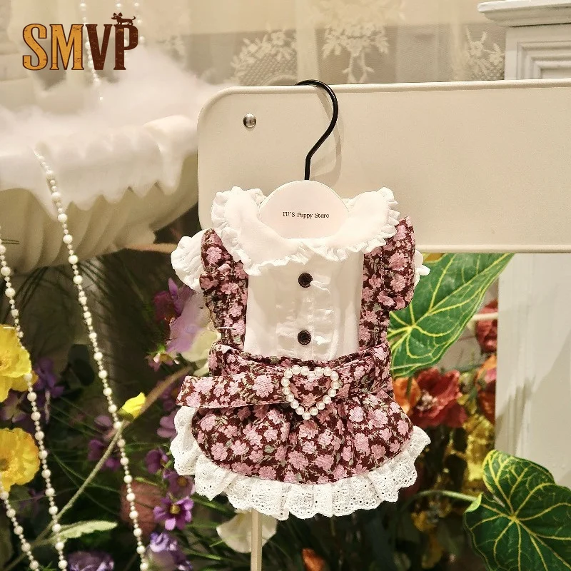 french-country-floral-pet-dress-tiny-floral-print-ruffled-collar-lace-hem-pearl-heart-belt-cute-vintage-outfit-for-small-pets