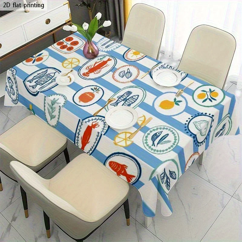 1pc Soft and fashionable 2D flat tablecloth, machine washable and easy to clean, with ocean-themed tableware pattern.yzb