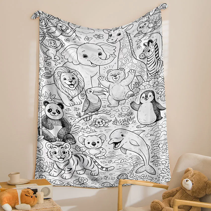 Cozy Throw Blanket Warm Soft Bedspread Playful Jungle Friends Print Couch Bed Whimsical Fun Home Decor