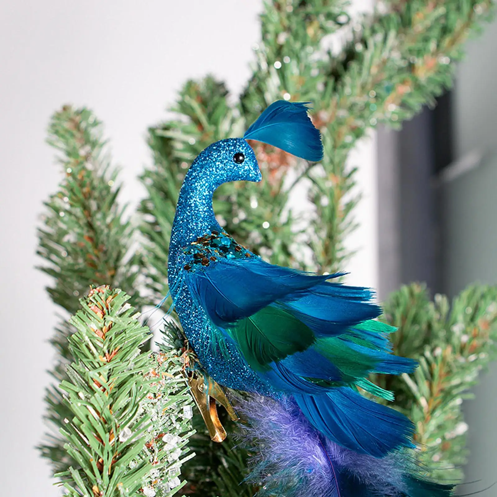 Turquoise Peacock Decor Xmas Tree Hanging Decoration with Clip Craft Faux Peacock Glittered Bird for Festival Party Accessories