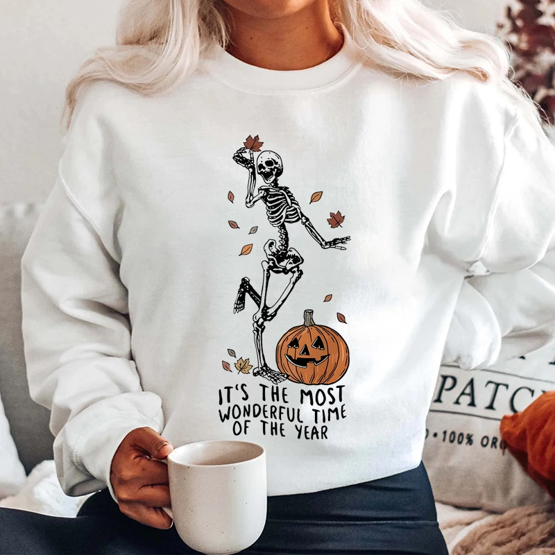 Esqueleto e Abóbora feminino de Halloween estampam camisolas de manga longa, moletom casual gola redonda, roupas plus size