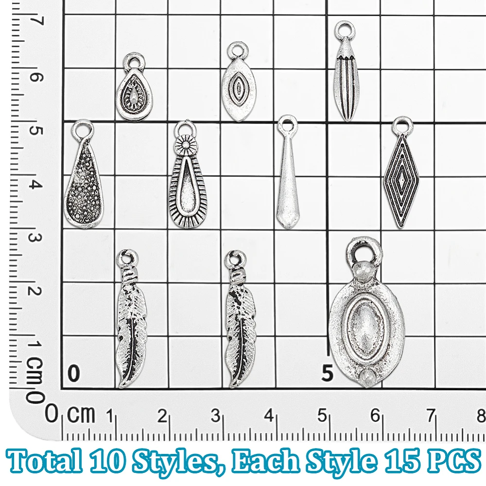 150Pcs Charm Pendants Teardrop Oval Rhombus Horse Eye Charms Feather Charm for Bracelets Earring Necklace Jewelry Making Siver