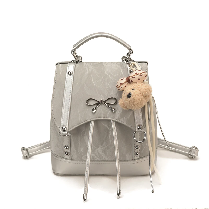

Korean Style Sweet Small Backpack Purse Retro Bow Decor Convertible Crossbody Bags Faux Leather Trim Satchel for Work & School