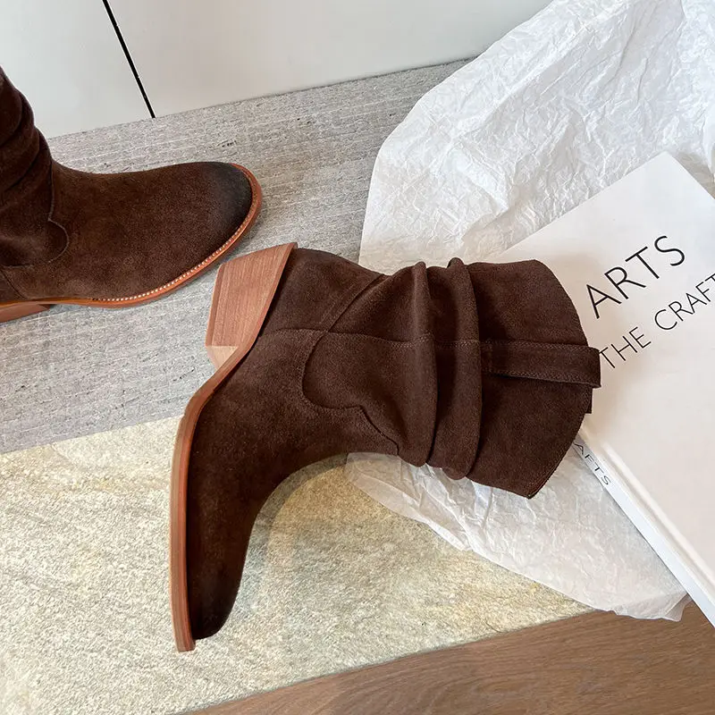 Western Boots Women Cow Suede Fashion Skin Lining Round Toe Ladies Street Sewing Boot Khaki Brown 5cm Block Heeled Ankle Boots image 4