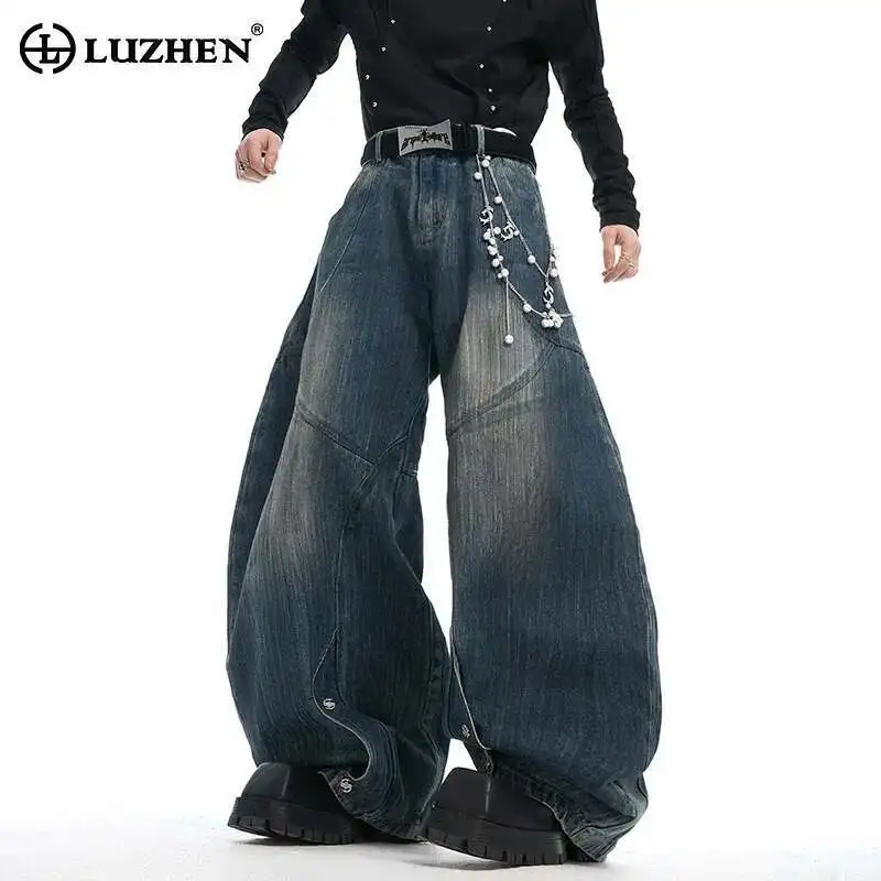 

LUZHEN 2025 весенние новые мешковатые широкие джинсовые брюки High Street, мужские модные свободные мужские джинсы с металлической цепочкой и украшением, дизайн LZ9394