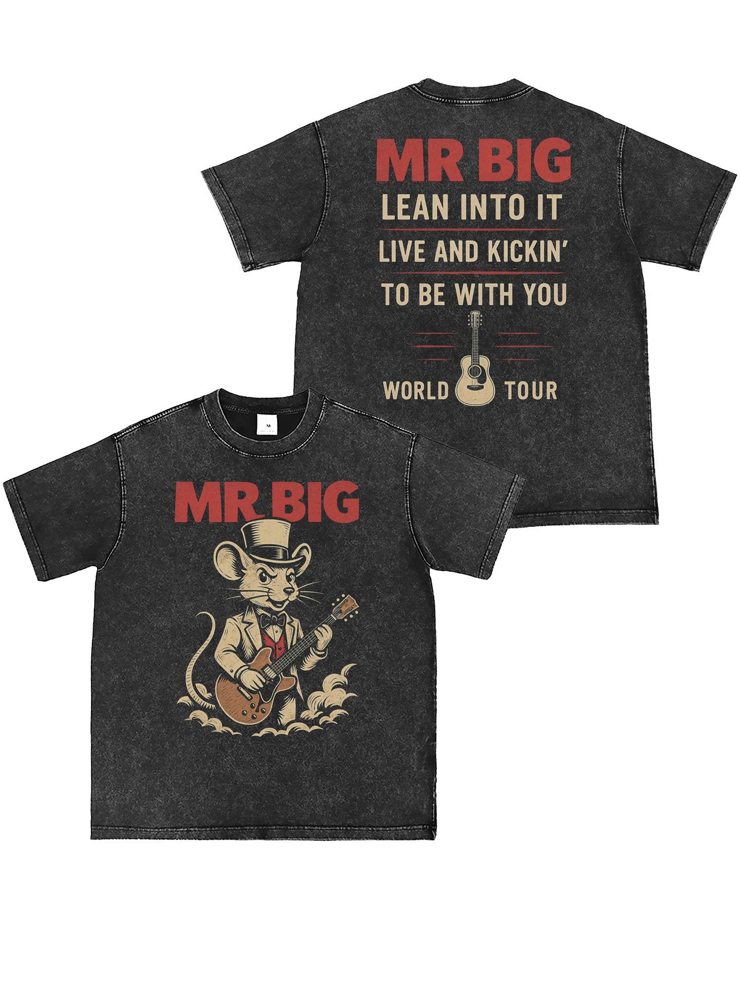 MrBig Band Digital Direct Spray Washed Vintage Grey American Street Punk Rock Short Sleeve T-Shirt Loose Fit Cotton Youth Summer