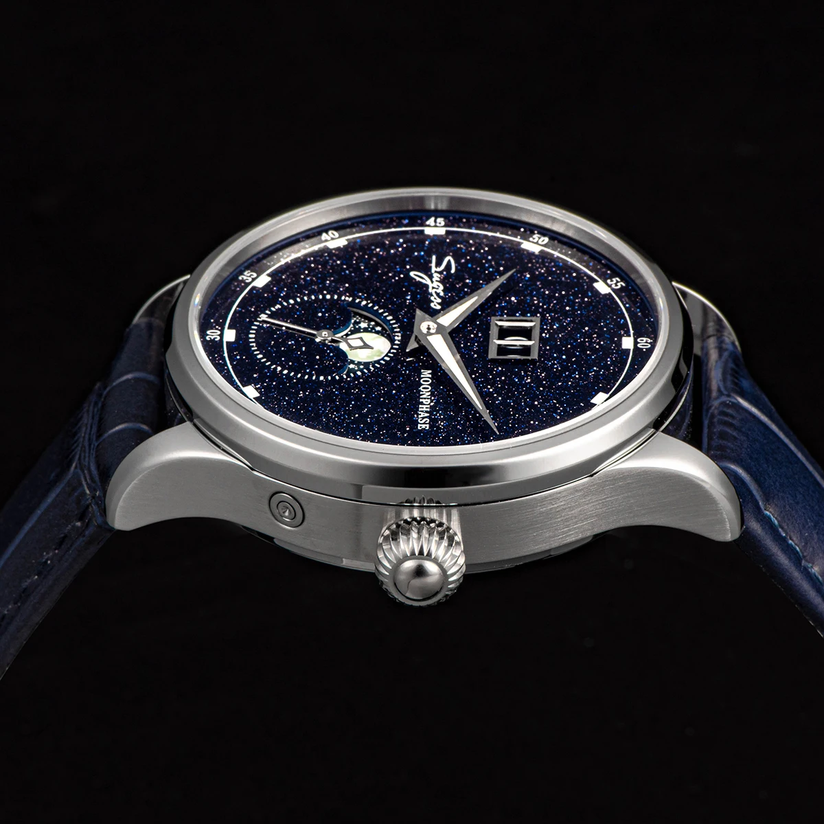 Sugess Moonphase-Reloj de pulsera para hombre, cronógrafo mecánico automático de 40mm, movimiento de acero inoxidable ST2528, esferas de piedra arenisca azul