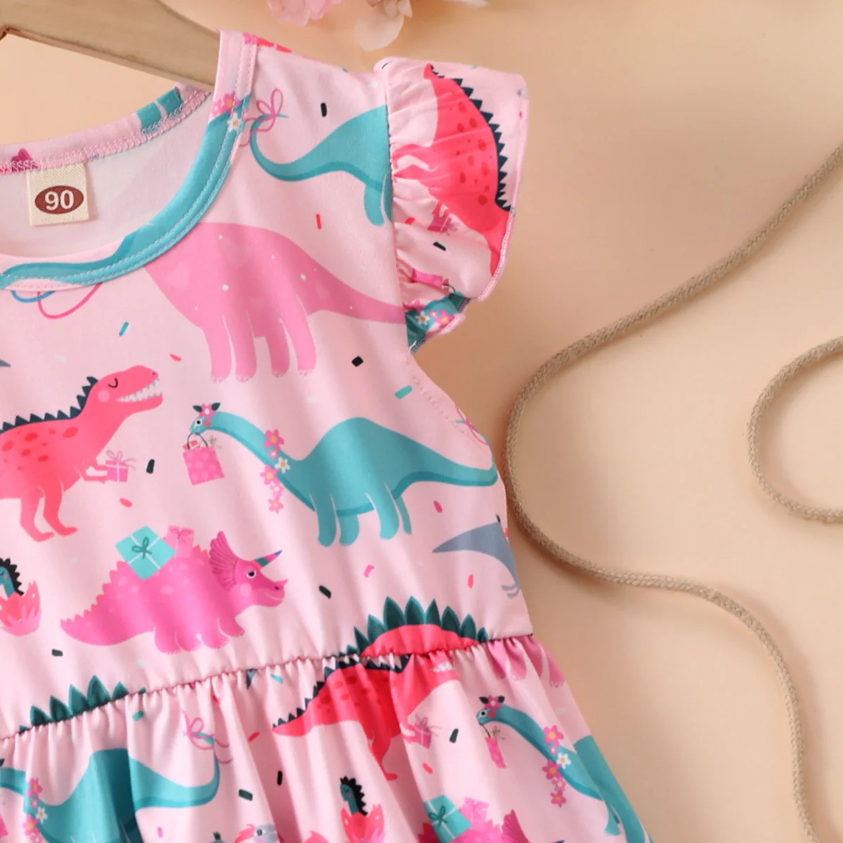 2024 NEW Girl Dresses Cartoon Dinosaur Pattern Flying Sleeve Summer Kids Girls Party Dresses 2 To 8 Years Kids Casual Clothes