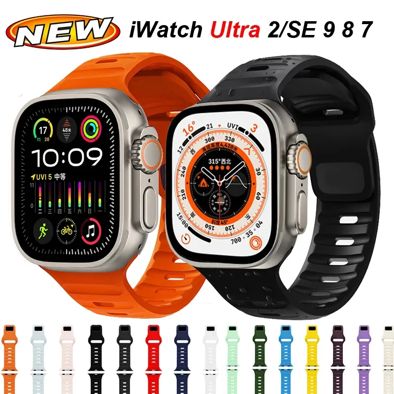 Sport Bands For Apple Watch Band Ultra 2 Band Soft Silicone Wristbands Replacement Strap for iWatch Series 9 8 7 6 5 4 SE Correa